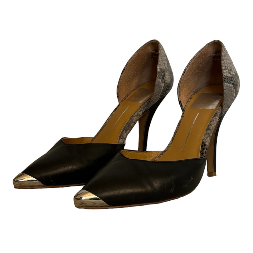 DOLCE VITA Black and Snakeskin Print Heels with Silver Pointed Toes